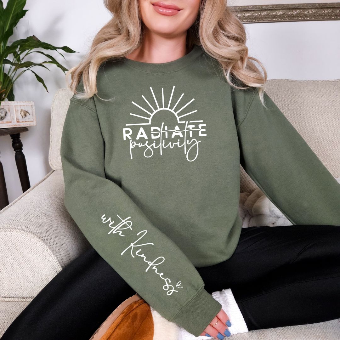 PREORDER: Radiate Positivity Ladies Sweatshirt (3 Colors) - Premium Ladies Sweatshirt -  Follower Of Faith Apparel 1XL, 2XL, 3XL, Ave Marketplace, Closed Preorder, L/XL, ladies Christian apparel, Ladies Christian sweatshirt, Ladies sweatshirt, Ladies sweatshirts, P1-31-2024, Preorder, radiate positivity with kindness sweatshirt, S/M, Tops, XS/S Shop our Christian T-Shirts & Apparel