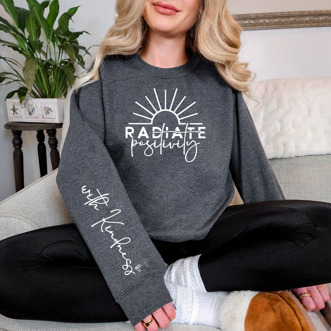 PREORDER: Radiate Positivity Ladies Sweatshirt (3 Colors) - Premium Ladies Sweatshirt -  Follower Of Faith Apparel 1XL, 2XL, 3XL, Ave Marketplace, Closed Preorder, L/XL, ladies Christian apparel, Ladies Christian sweatshirt, Ladies sweatshirt, Ladies sweatshirts, P1-31-2024, Preorder, radiate positivity with kindness sweatshirt, S/M, Tops, XS/S Shop our Christian T-Shirts & Apparel