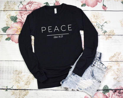 Peace Ladies Long Sleeve Tee - Premium Long-sleeve -  Follower Of Faith ApparelChristian long sleeve t shirts for ladies, Crew neck, DTG, John 14:27, Long Sleeves, new, new arrival, Peace long sleeve t shirt, Peace long sleeve tee, Regular fit, Unisex, Women's Clothing Shop our Christian T-Shirts & Apparel