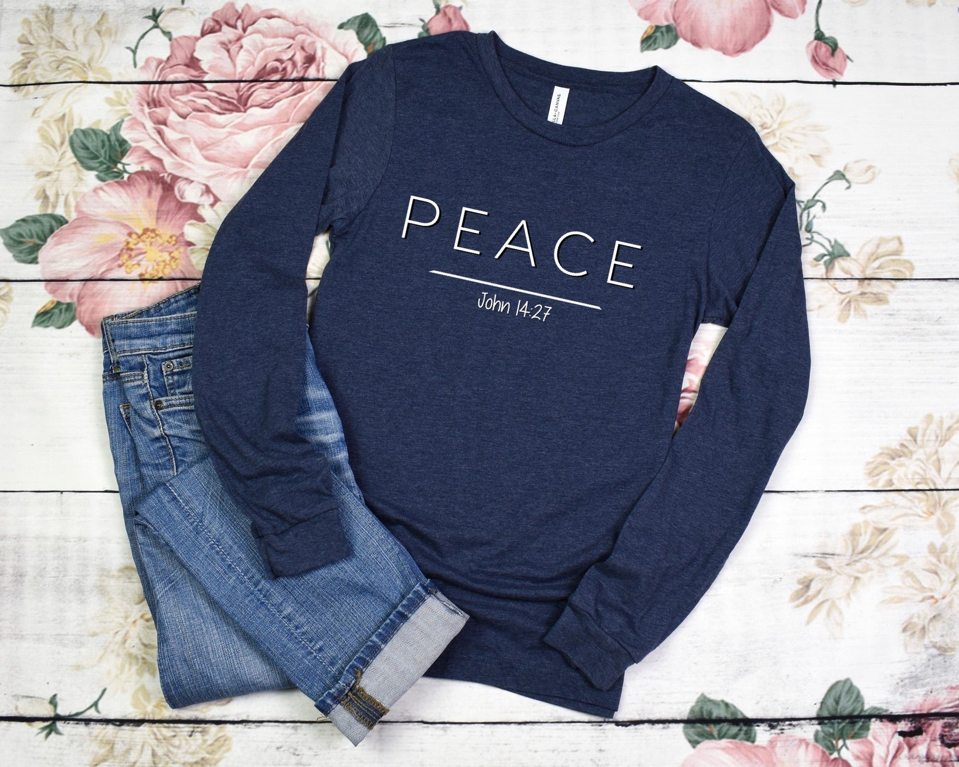 Peace Ladies Long Sleeve Tee - Premium Long-sleeve -  Follower Of Faith ApparelChristian long sleeve t shirts for ladies, Crew neck, DTG, John 14:27, Long Sleeves, new, new arrival, Peace long sleeve t shirt, Peace long sleeve tee, Regular fit, Unisex, Women's Clothing Shop our Christian T-Shirts & Apparel