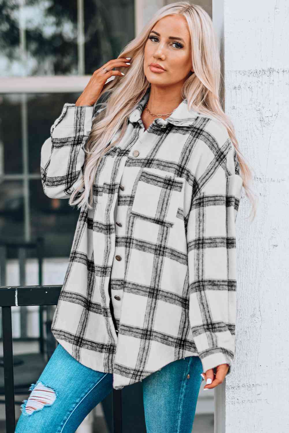 Plaid Curved Hem Dropped Shoulder Longline Shirt Jacket - Premium Jacket -  Follower Of Faith Apparel Jacket, Plaid jacket, Ship From Overseas, SYNZ Shop our Christian T-Shirts & Apparel