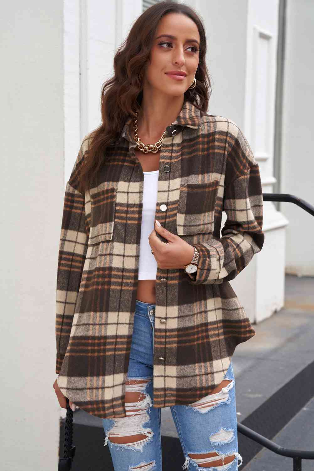 Plaid Curved Hem Dropped Shoulder Longline Shirt Jacket - Premium Jacket -  Follower Of Faith Apparel Jacket, Plaid jacket, Ship From Overseas, SYNZ Shop our Christian T-Shirts & Apparel