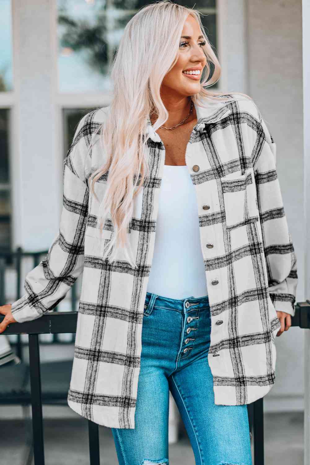 Plaid Curved Hem Dropped Shoulder Longline Shirt Jacket - Premium Jacket -  Follower Of Faith Apparel Jacket, Plaid jacket, Ship From Overseas, SYNZ Shop our Christian T-Shirts & Apparel