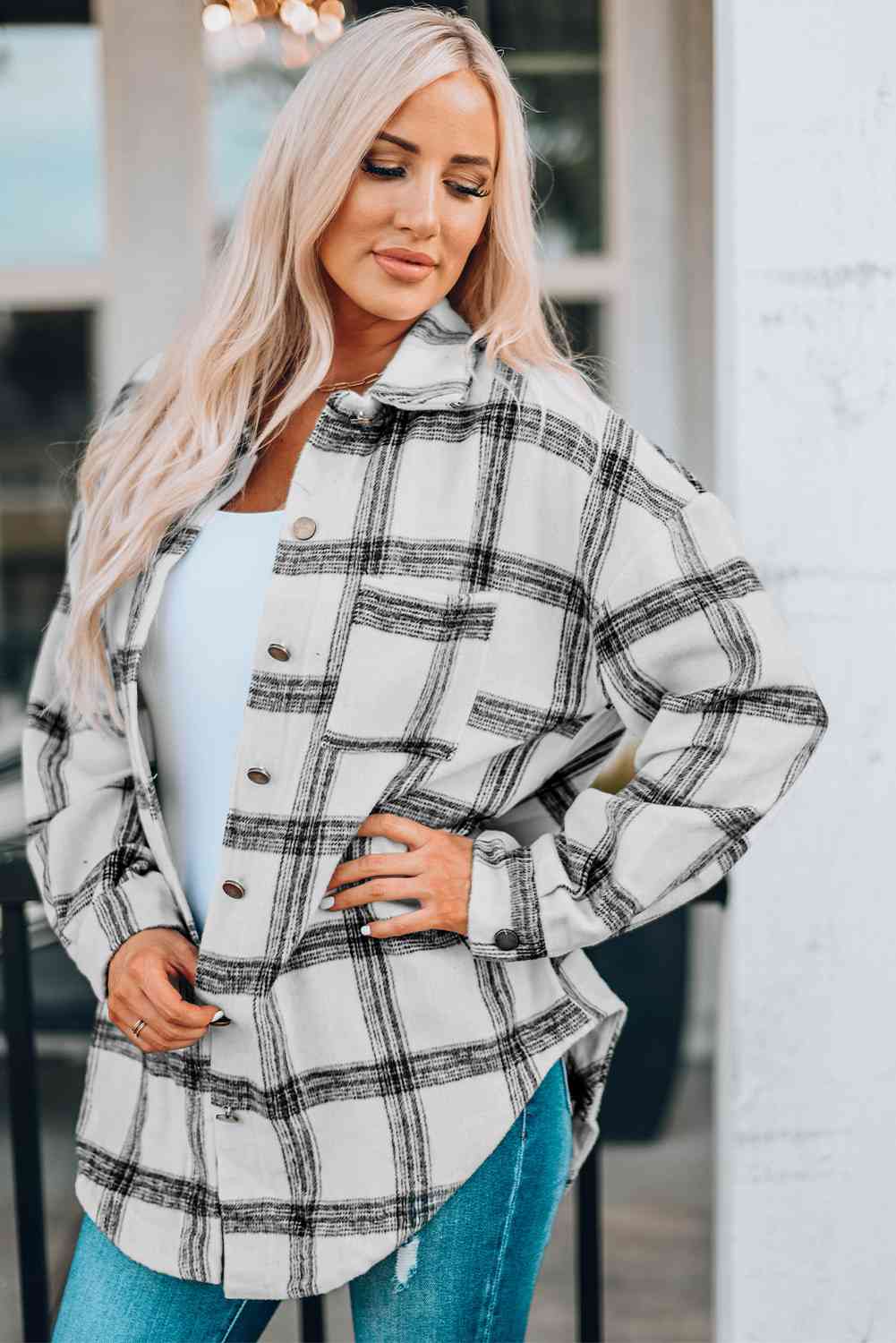 Plaid Curved Hem Dropped Shoulder Longline Shirt Jacket - Premium Jacket -  Follower Of Faith Apparel Jacket, Plaid jacket, Ship From Overseas, SYNZ Shop our Christian T-Shirts & Apparel