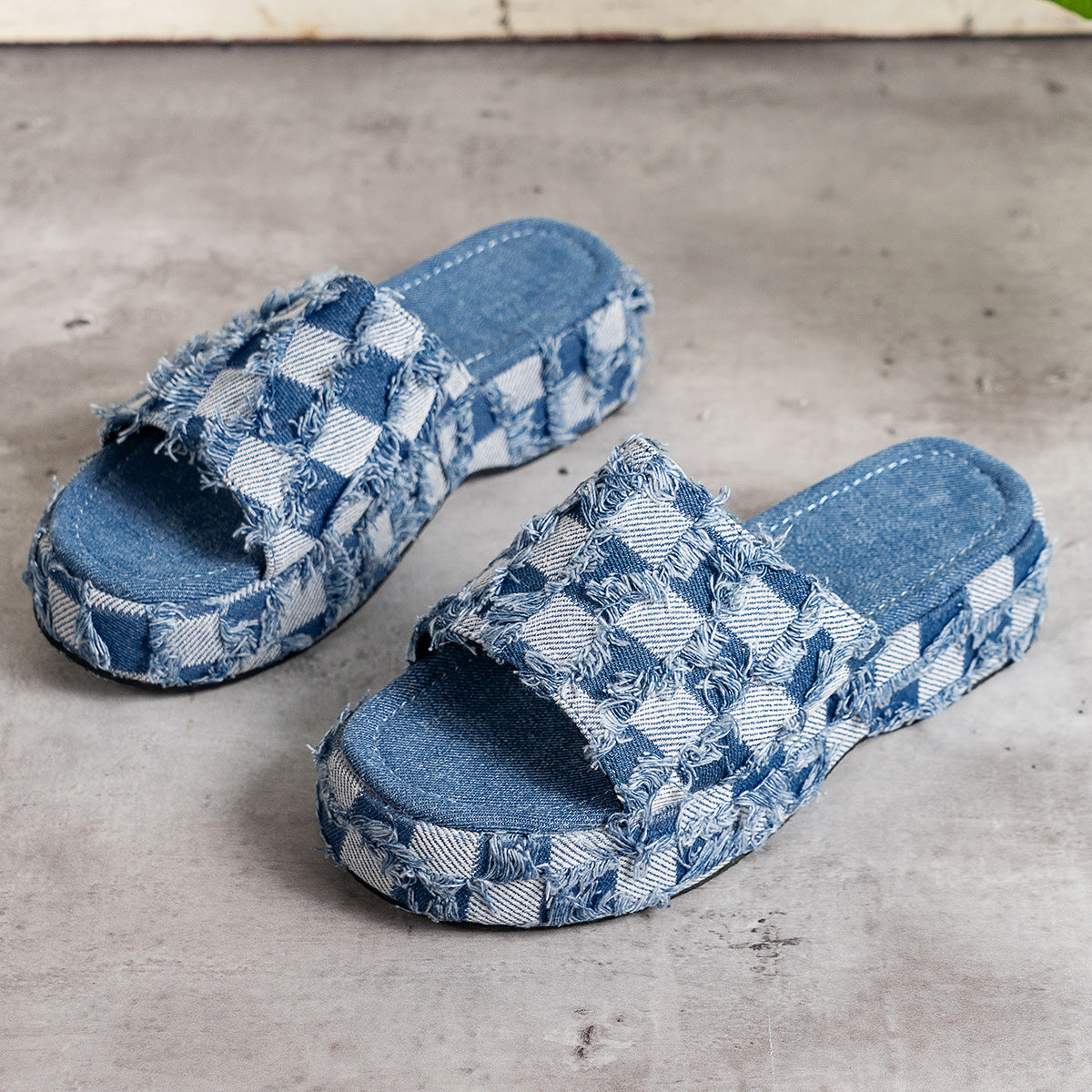 Plaid Denim Style Leather Platform Sandals - Premium Ladies Sandals -  Follower Of Faith Apparel Beach sandals, Blue jean sandals, Denim sandals, H@Y@H@E, Ladies sandals, Ladies shoes, Ladies summer sandles, Mid heel sandal, new, new arrival, new arrivals, Sale, Sandals, Ship From Overseas, Slip on sandals, Summer shoes, Vacation sandals, Womens sandals, Women’s sandals Shop our Christian T-Shirts & Apparel