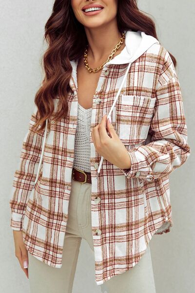 Plaid Drawstring Button Up Long Sleeve Hooded Jacket - Premium Jacket -  Follower Of Faith Apparel Jacket, Plaid jacket, Ship From Overseas, SYNZ Shop our Christian T-Shirts & Apparel