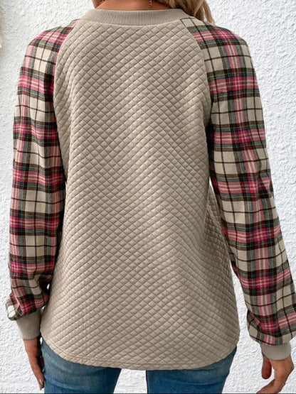 Plaid Round Neck Ladies Sweatshirt - Premium Sweatshirt -  Follower Of Faith Apparel Ladies sweatshirt, Ladies sweatshirts, new, new arrival, new arrivals, Plaid design, Plaid sweatshirt, Ship From Overseas, Y@R Shop our Christian T-Shirts & Apparel