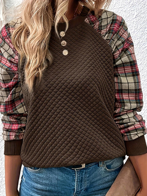 Plaid Round Neck Ladies Sweatshirt - Premium Sweatshirt -  Follower Of Faith Apparel Ladies sweatshirt, Ladies sweatshirts, new, new arrival, new arrivals, Plaid design, Plaid sweatshirt, Ship From Overseas, Y@R Shop our Christian T-Shirts & Apparel