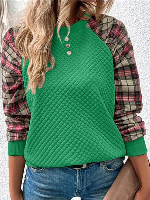 Plaid Round Neck Ladies Sweatshirt - Premium Sweatshirt -  Follower Of Faith Apparel Ladies sweatshirt, Ladies sweatshirts, new, new arrival, new arrivals, Plaid design, Plaid sweatshirt, Ship From Overseas, Y@R Shop our Christian T-Shirts & Apparel