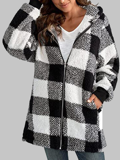 Plaid Zip-Up Hooded Jacket with Pockets - Premium Jacket -  Follower Of Faith Apparel Jacket, Long length jacket, Ship From Overseas, Y#M#L Shop our Christian T-Shirts & Apparel