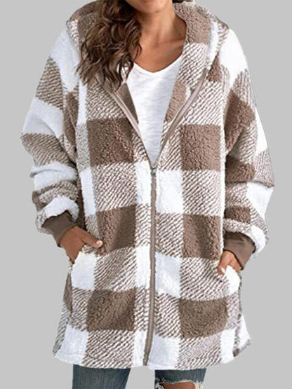 Plaid Zip-Up Hooded Jacket with Pockets - Premium Jacket -  Follower Of Faith Apparel Jacket, Long length jacket, Ship From Overseas, Y#M#L Shop our Christian T-Shirts & Apparel