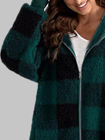 Plaid Zip-Up Hooded Jacket with Pockets - Premium Jacket -  Follower Of Faith Apparel Jacket, Long length jacket, Ship From Overseas, Y#M#L Shop our Christian T-Shirts & Apparel