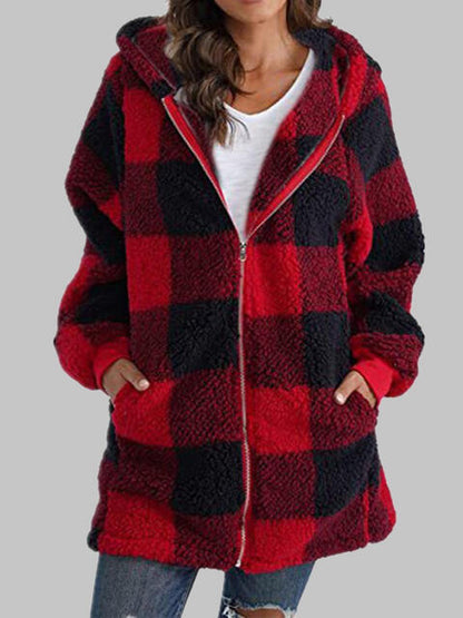 Plaid Zip-Up Hooded Jacket with Pockets - Premium Jacket -  Follower Of Faith Apparel Jacket, Long length jacket, Ship From Overseas, Y#M#L Shop our Christian T-Shirts & Apparel