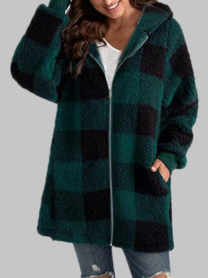 Plaid Zip-Up Hooded Jacket with Pockets - Premium Jacket -  Follower Of Faith Apparel Jacket, Long length jacket, Ship From Overseas, Y#M#L Shop our Christian T-Shirts & Apparel