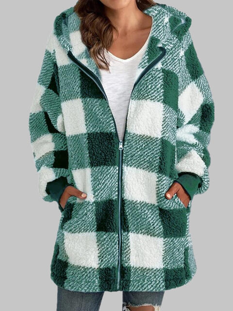 Plaid Zip-Up Hooded Jacket with Pockets - Premium Jacket -  Follower Of Faith Apparel Jacket, Long length jacket, Ship From Overseas, Y#M#L Shop our Christian T-Shirts & Apparel