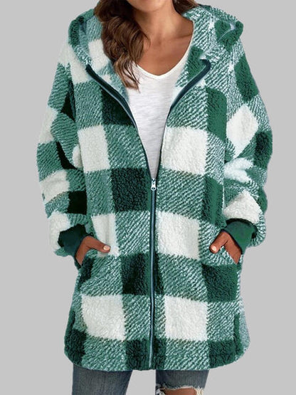 Plaid Zip-Up Hooded Jacket with Pockets - Premium Jacket -  Follower Of Faith Apparel Jacket, Long length jacket, Ship From Overseas, Y#M#L Shop our Christian T-Shirts & Apparel