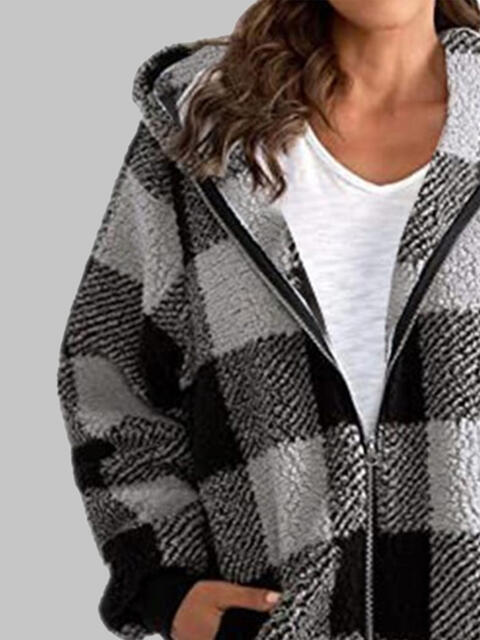 Plaid Zip-Up Hooded Jacket with Pockets - Premium Jacket -  Follower Of Faith Apparel Jacket, Long length jacket, Ship From Overseas, Y#M#L Shop our Christian T-Shirts & Apparel