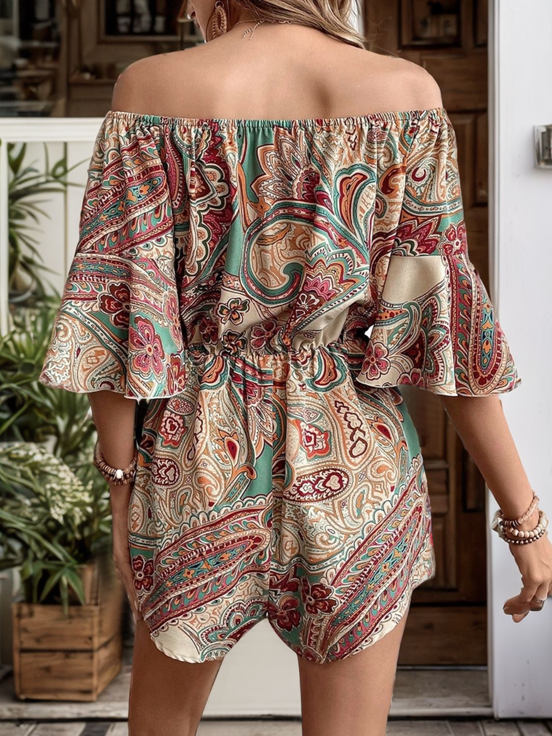 Printed Designer Off Shoulder Half Sleeve Romper - Premium Ladies Rompers -  Follower Of Faith Apparel Beige romper, Chic romper, Cozy rompers, Hundredth, Ladies Romper, new arrival, new arrivals, Printed designer romper, Sale, Ship From Overseas, Sleeveless romper, Smock romper, Strapless Romper, Vacation rompers, Womens chic romper, Women’s romper Shop our Christian T-Shirts & Apparel