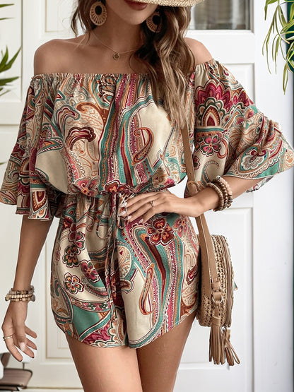 Printed Designer Off Shoulder Half Sleeve Romper - Premium Ladies Rompers -  Follower Of Faith Apparel Beige romper, Chic romper, Cozy rompers, Hundredth, Ladies Romper, new arrival, new arrivals, Printed designer romper, Sale, Ship From Overseas, Sleeveless romper, Smock romper, Strapless Romper, Vacation rompers, Womens chic romper, Women’s romper Shop our Christian T-Shirts & Apparel