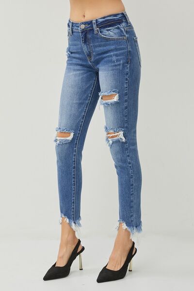 RISEN Distressed Frayed Hem Slim Jeans - Premium Ladies jeans -  Follower Of Faith Apparel Fast delivery, fast shipping, RISEN, Risen distressed slim jeans, Risen raw hem jeans, Risen raw hem slim jeans, Risen slim jeans, Sale, Ship from USA Shop our Christian T-Shirts & Apparel