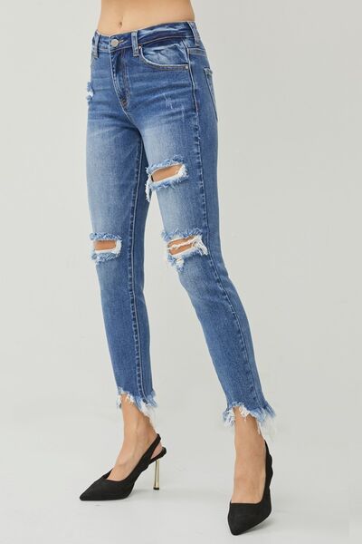 RISEN Distressed Frayed Hem Slim Jeans - Premium Ladies jeans -  Follower Of Faith Apparel Fast delivery, fast shipping, RISEN, Risen distressed slim jeans, Risen raw hem jeans, Risen raw hem slim jeans, Risen slim jeans, Sale, Ship from USA Shop our Christian T-Shirts & Apparel