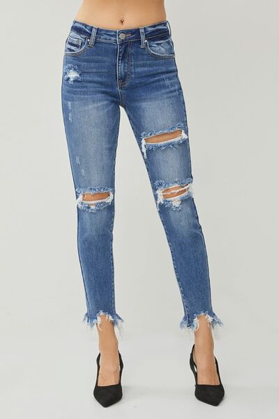 RISEN Distressed Frayed Hem Slim Jeans - Premium Ladies jeans -  Follower Of Faith Apparel Fast delivery, fast shipping, RISEN, Risen distressed slim jeans, Risen raw hem jeans, Risen raw hem slim jeans, Risen slim jeans, Sale, Ship from USA Shop our Christian T-Shirts & Apparel