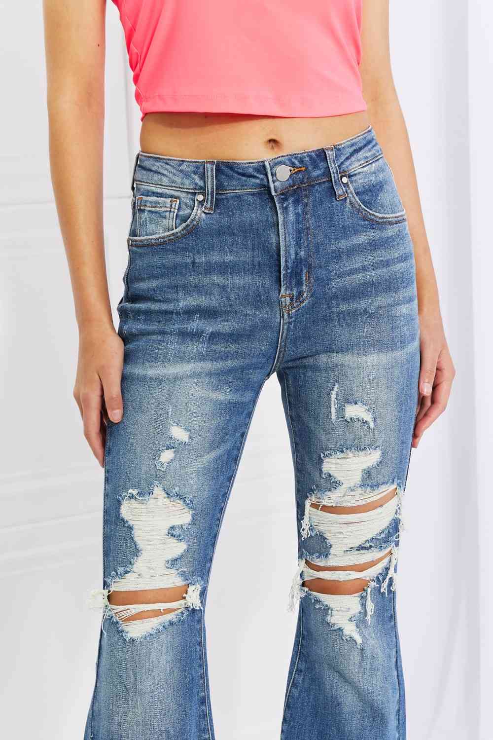 RISEN Full Size Hazel High Rise Distressed Flare Jeans - Premium Jeans -  Follower Of Faith Apparel Black Friday, denim distressed jeans, denim jeans, distressed jeans, high rise RISEN jeans, high waisted jeans, Kancan Jeans, Ladies blue Jeans, Ladies Jeans, RISEN, risen jeans, Ship from USA Shop our Christian T-Shirts & Apparel