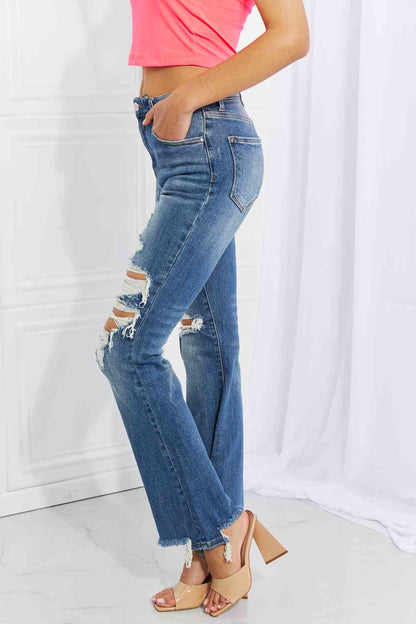 RISEN Full Size Hazel High Rise Distressed Flare Jeans - Premium Jeans -  Follower Of Faith Apparel Black Friday, denim distressed jeans, denim jeans, distressed jeans, high rise RISEN jeans, high waisted jeans, Kancan Jeans, Ladies blue Jeans, Ladies Jeans, RISEN, risen jeans, Ship from USA Shop our Christian T-Shirts & Apparel