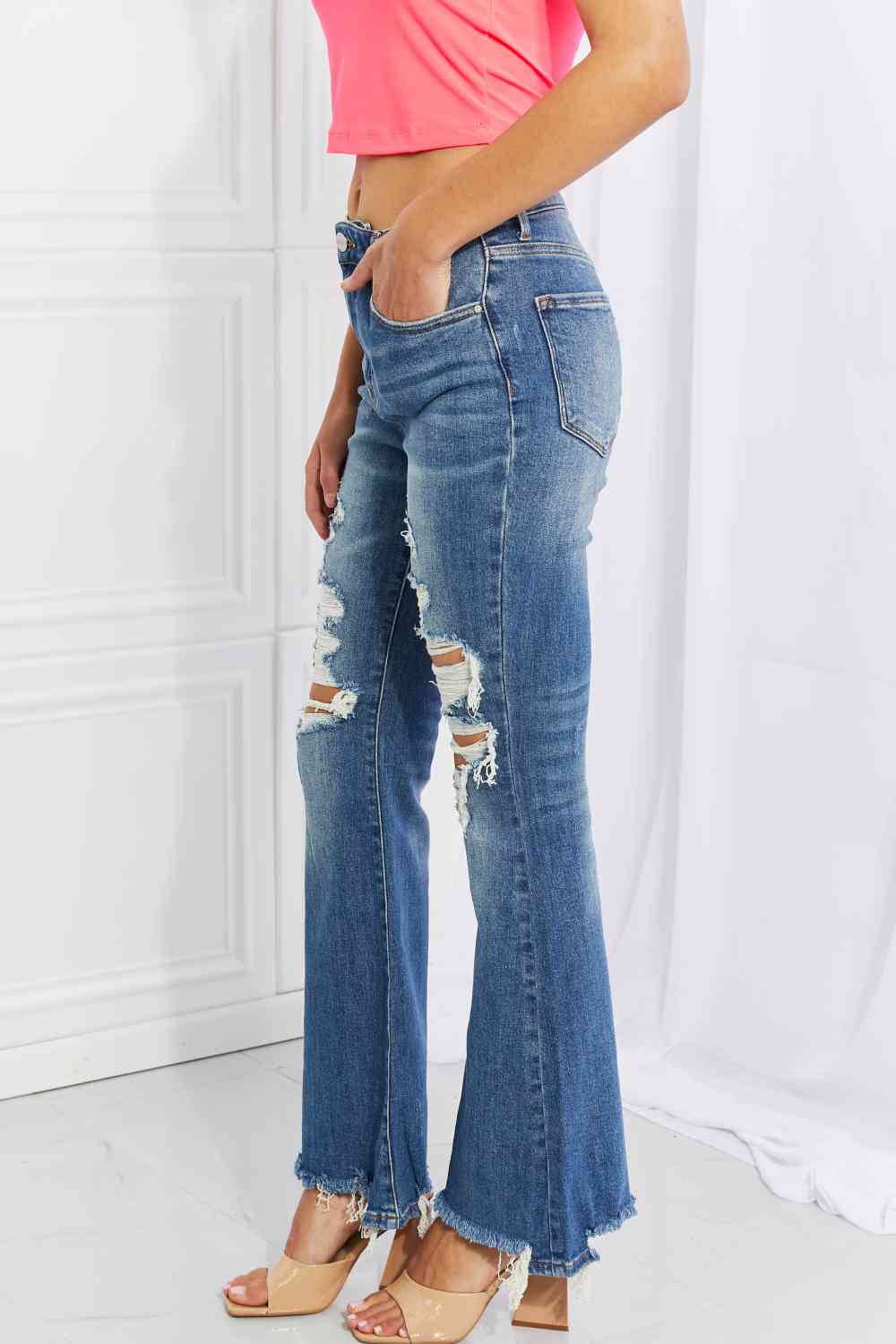 RISEN Full Size Hazel High Rise Distressed Flare Jeans - Premium Jeans -  Follower Of Faith ApparelBlack Friday, denim distressed jeans, denim jeans, distressed jeans, high rise RISEN jeans, high waisted jeans, Kancan Jeans, Ladies blue Jeans, Ladies Jeans, RISEN, risen jeans, Ship from USA Shop our Christian T-Shirts & Apparel