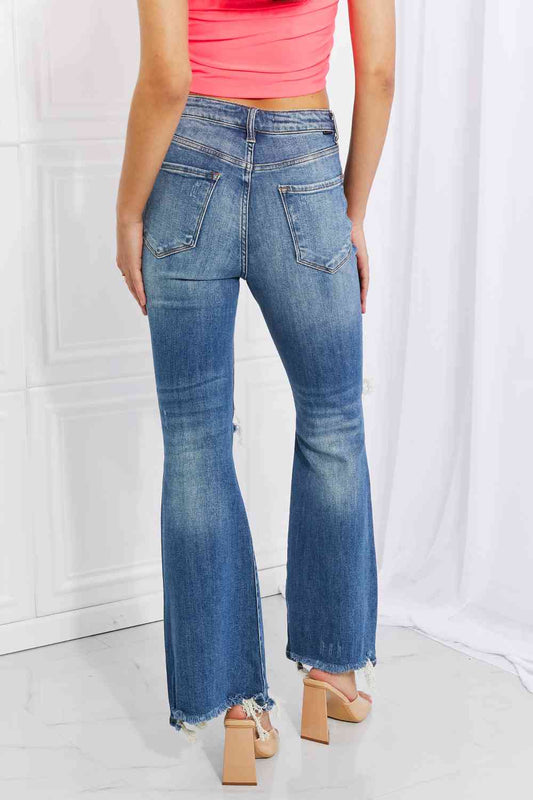 RISEN Full Size Hazel High Rise Distressed Flare Jeans - Premium Jeans -  Follower Of Faith Apparel Black Friday, denim distressed jeans, denim jeans, distressed jeans, high rise RISEN jeans, high waisted jeans, Kancan Jeans, Ladies blue Jeans, Ladies Jeans, RISEN, risen jeans, Ship from USA Shop our Christian T-Shirts & Apparel