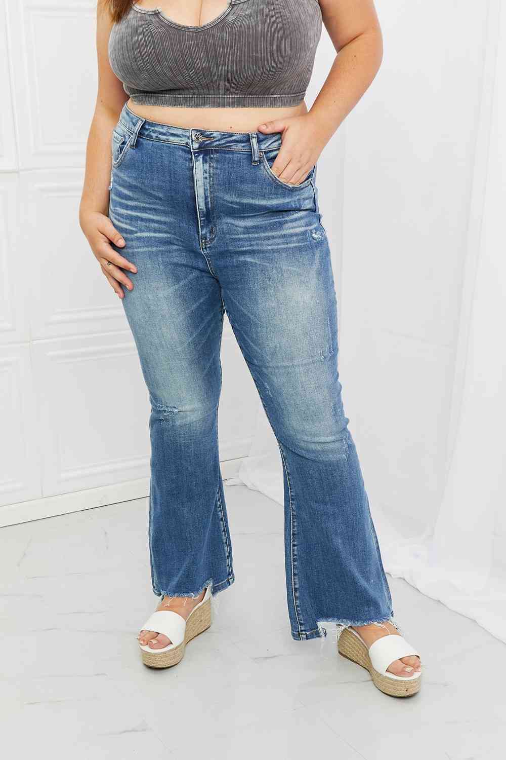 RISEN Full Size Iris High Waisted Flare Jeans - Premium Jeans -  Follower Of Faith Apparel boot cut jeans, Bootcut jeans, denim distressed jeans, Flare jeans, high rise jeans, high rise RISEN jeans, high waist jeans, high waisted jeans, jeans, Ladies blue Jeans, ladies distressed jeans, ladies high rise jeans, Ladies Jeans, RISEN, risen jeans, Ship from USA Shop our Christian T-Shirts & Apparel