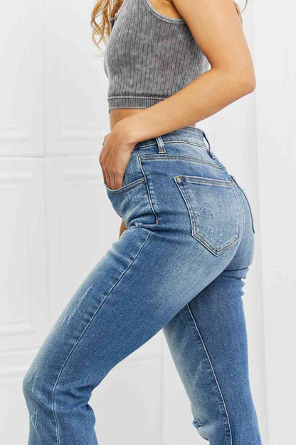 RISEN Full Size Iris High Waisted Flare Jeans - Premium Jeans -  Follower Of Faith Apparel boot cut jeans, Bootcut jeans, denim distressed jeans, Flare jeans, high rise jeans, high rise RISEN jeans, high waist jeans, high waisted jeans, jeans, Ladies blue Jeans, ladies distressed jeans, ladies high rise jeans, Ladies Jeans, RISEN, risen jeans, Ship from USA Shop our Christian T-Shirts & Apparel