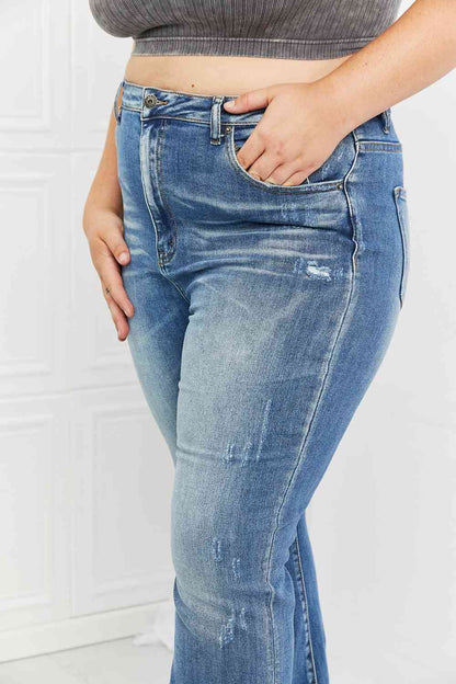 RISEN Full Size Iris High Waisted Flare Jeans - Premium Jeans -  Follower Of Faith Apparel boot cut jeans, Bootcut jeans, denim distressed jeans, Flare jeans, high rise jeans, high rise RISEN jeans, high waist jeans, high waisted jeans, jeans, Ladies blue Jeans, ladies distressed jeans, ladies high rise jeans, Ladies Jeans, RISEN, risen jeans, Ship from USA Shop our Christian T-Shirts & Apparel