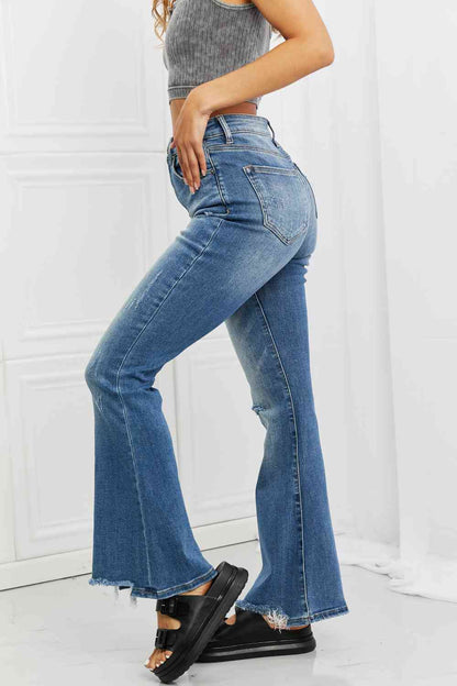 RISEN Full Size Iris High Waisted Flare Jeans - Premium Jeans -  Follower Of Faith Apparel boot cut jeans, Bootcut jeans, denim distressed jeans, Flare jeans, high rise jeans, high rise RISEN jeans, high waist jeans, high waisted jeans, jeans, Ladies blue Jeans, ladies distressed jeans, ladies high rise jeans, Ladies Jeans, RISEN, risen jeans, Ship from USA Shop our Christian T-Shirts & Apparel