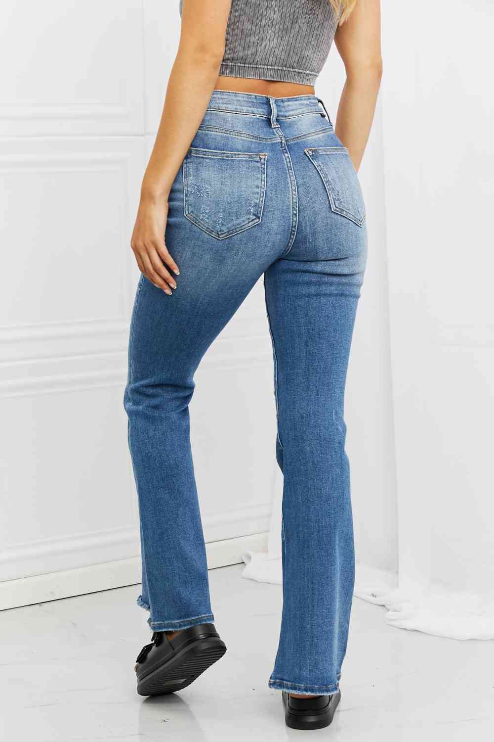 RISEN Full Size Iris High Waisted Flare Jeans - Premium Jeans -  Follower Of Faith Apparel boot cut jeans, Bootcut jeans, denim distressed jeans, Flare jeans, high rise jeans, high rise RISEN jeans, high waist jeans, high waisted jeans, jeans, Ladies blue Jeans, ladies distressed jeans, ladies high rise jeans, Ladies Jeans, RISEN, risen jeans, Ship from USA Shop our Christian T-Shirts & Apparel