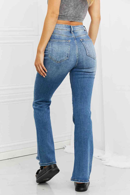 RISEN Full Size Iris High Waisted Flare Jeans - Premium Jeans -  Follower Of Faith Apparel boot cut jeans, Bootcut jeans, denim distressed jeans, Flare jeans, high rise jeans, high rise RISEN jeans, high waist jeans, high waisted jeans, jeans, Ladies blue Jeans, ladies distressed jeans, ladies high rise jeans, Ladies Jeans, RISEN, risen jeans, Ship from USA Shop our Christian T-Shirts & Apparel