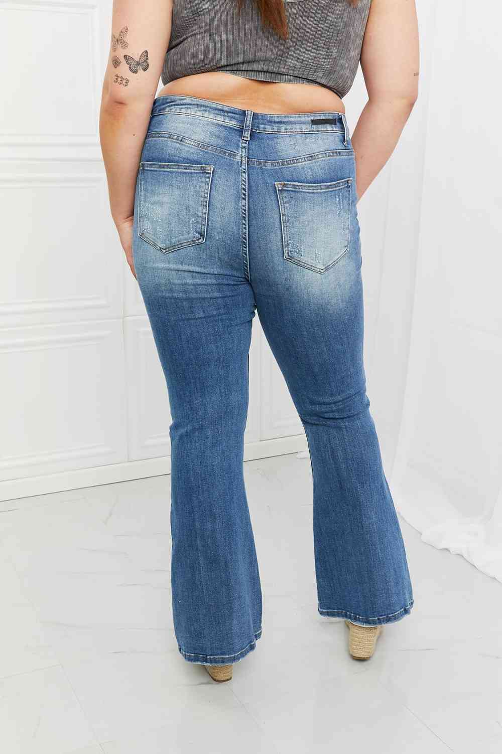 RISEN Full Size Iris High Waisted Flare Jeans - Premium Jeans -  Follower Of Faith Apparel boot cut jeans, Bootcut jeans, denim distressed jeans, Flare jeans, high rise jeans, high rise RISEN jeans, high waist jeans, high waisted jeans, jeans, Ladies blue Jeans, ladies distressed jeans, ladies high rise jeans, Ladies Jeans, RISEN, risen jeans, Ship from USA Shop our Christian T-Shirts & Apparel