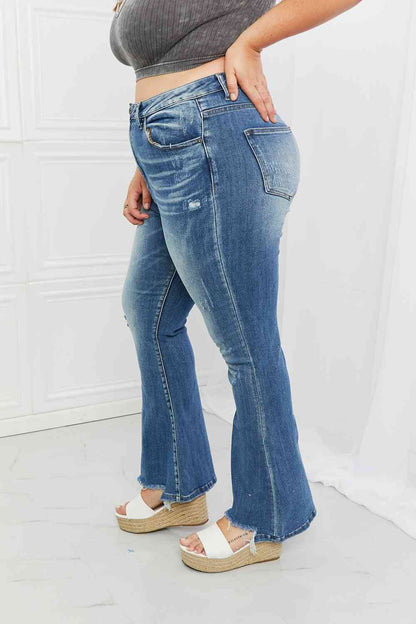 RISEN Full Size Iris High Waisted Flare Jeans - Premium Jeans -  Follower Of Faith Apparel boot cut jeans, Bootcut jeans, denim distressed jeans, Flare jeans, high rise jeans, high rise RISEN jeans, high waist jeans, high waisted jeans, jeans, Ladies blue Jeans, ladies distressed jeans, ladies high rise jeans, Ladies Jeans, RISEN, risen jeans, Ship from USA Shop our Christian T-Shirts & Apparel