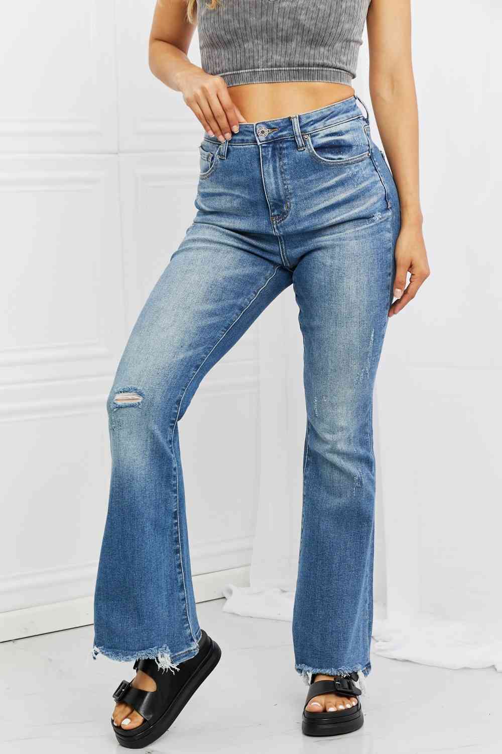 RISEN Full Size Iris High Waisted Flare Jeans - Premium Jeans -  Follower Of Faith Apparel boot cut jeans, Bootcut jeans, denim distressed jeans, Flare jeans, high rise jeans, high rise RISEN jeans, high waist jeans, high waisted jeans, jeans, Ladies blue Jeans, ladies distressed jeans, ladies high rise jeans, Ladies Jeans, RISEN, risen jeans, Ship from USA Shop our Christian T-Shirts & Apparel