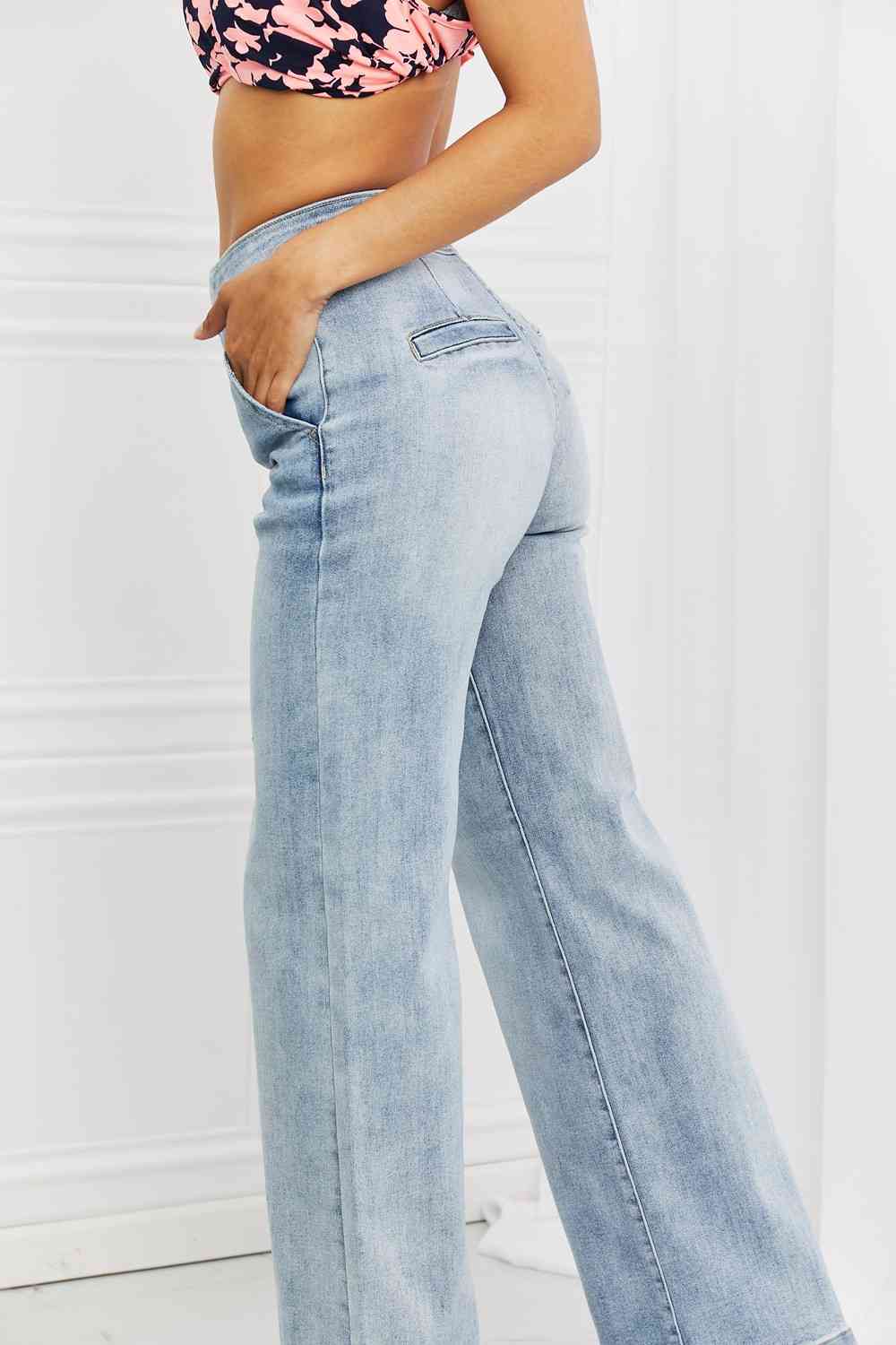 RISEN Full Size Luisa Wide Flare Jeans - Premium Jeans -  Follower Of Faith Apparel high rise RISEN jeans, ladies distressed jeans, ladies high rise jeans, Long Length Jeans, RISEN, RISEN Full Size Luisa Wide Flare Jeans, Ship from USA Shop our Christian T-Shirts & Apparel