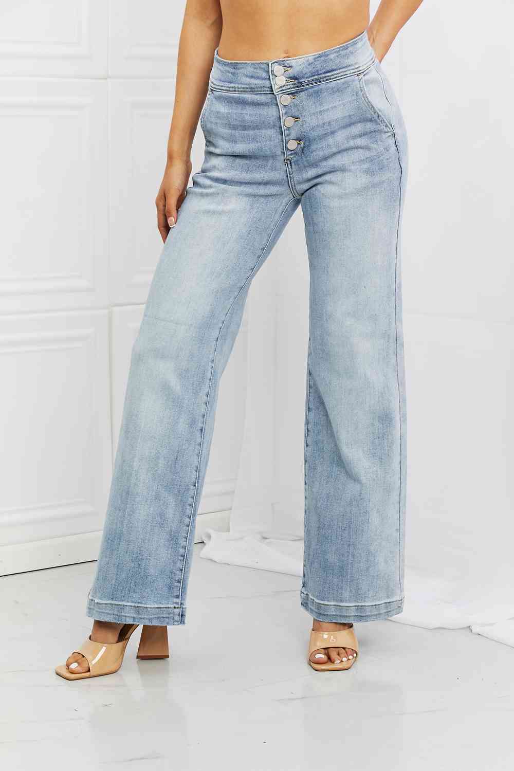 RISEN Full Size Luisa Wide Flare Jeans - Premium Jeans -  Follower Of Faith Apparel high rise RISEN jeans, ladies distressed jeans, ladies high rise jeans, Long Length Jeans, RISEN, RISEN Full Size Luisa Wide Flare Jeans, Ship from USA Shop our Christian T-Shirts & Apparel