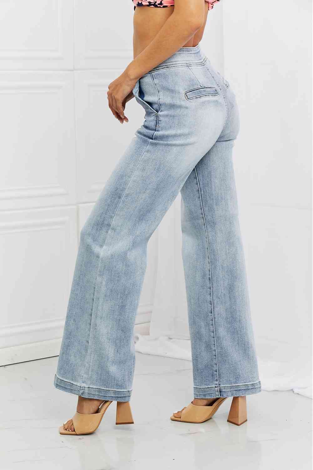 RISEN Full Size Luisa Wide Flare Jeans - Premium Jeans -  Follower Of Faith Apparel high rise RISEN jeans, ladies distressed jeans, ladies high rise jeans, Long Length Jeans, RISEN, RISEN Full Size Luisa Wide Flare Jeans, Ship from USA Shop our Christian T-Shirts & Apparel