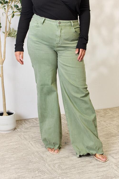 RISEN Full Size Raw Hem Wide-Leg Jeans - Premium Jeans -  Follower Of Faith Apparel green, high rise RISEN jeans, RISEN, risen jeans, Sage jeans, Ship from USA Shop our Christian T-Shirts & Apparel