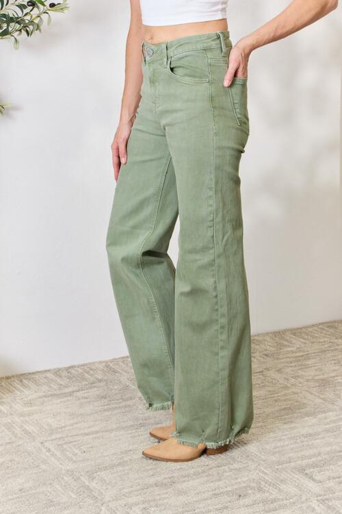 RISEN Full Size Raw Hem Wide-Leg Jeans - Premium Jeans -  Follower Of Faith Apparel green, high rise RISEN jeans, RISEN, risen jeans, Sage jeans, Ship from USA Shop our Christian T-Shirts & Apparel