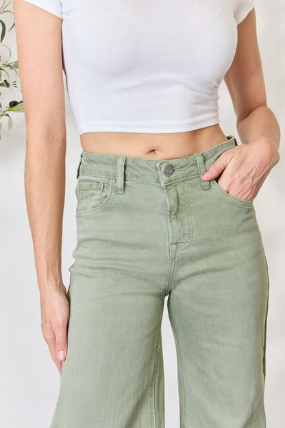 RISEN Full Size Raw Hem Wide-Leg Jeans - Premium Jeans -  Follower Of Faith Apparel green, high rise RISEN jeans, RISEN, risen jeans, Sage jeans, Ship from USA Shop our Christian T-Shirts & Apparel