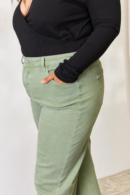 RISEN Full Size Raw Hem Wide-Leg Jeans - Premium Jeans -  Follower Of Faith Apparel green, high rise RISEN jeans, RISEN, risen jeans, Sage jeans, Ship from USA Shop our Christian T-Shirts & Apparel