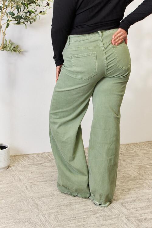 RISEN Full Size Raw Hem Wide-Leg Jeans - Premium Jeans -  Follower Of Faith Apparel green, high rise RISEN jeans, RISEN, risen jeans, Sage jeans, Ship from USA Shop our Christian T-Shirts & Apparel