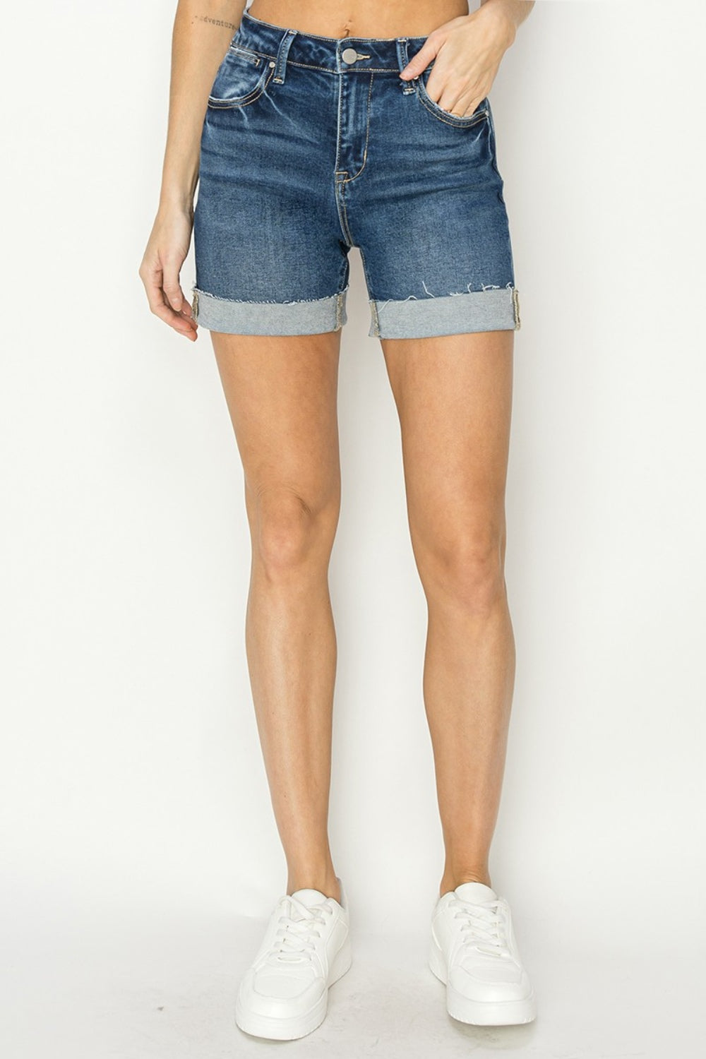 RISEN High Rise Cuffed Denim Shorts - Premium Ladies shorts -  Follower Of Faith Apparel cuffed shorts, Fast delivery, fast shipping, high rise, Ladies denim shorts, new arrival, new arrivals, RISEN, Risen brand, Risen cuffed hem shorts, Risen distressed shorts, Risen shorts, Sale, Ship from USA, Women's denim shorts, women's shorts, Women's summer clothing Shop our Christian T-Shirts & Apparel