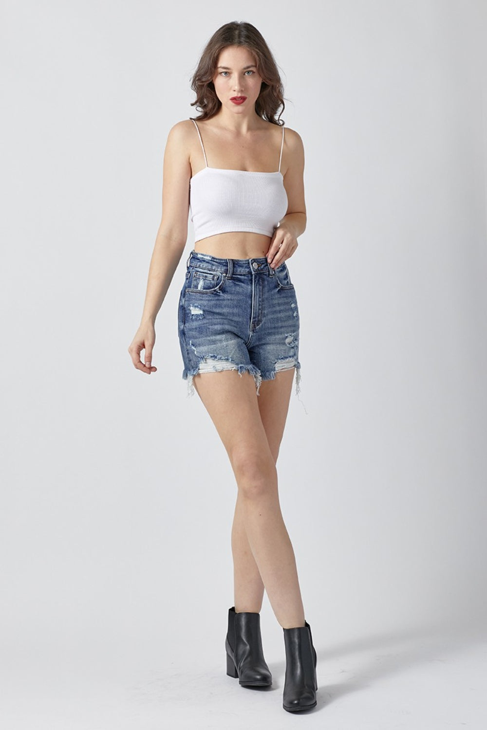 RISEN High Rise Distressed Denim Shorts - Premium Ladies shorts -  Follower Of Faith Apparel Fast delivery, fast shipping, RISEN, Risen shorts, Sale, Ship from USA, Womens risen shorts Shop our Christian T-Shirts & Apparel