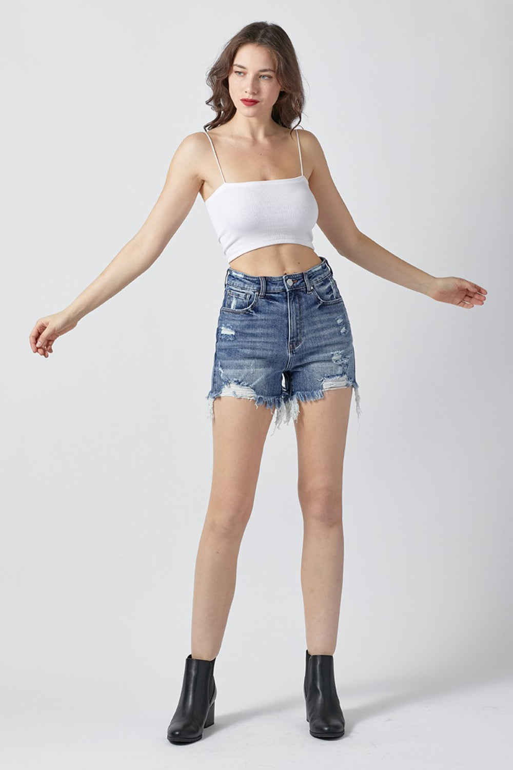 RISEN High Rise Distressed Denim Shorts - Premium Ladies shorts -  Follower Of Faith Apparel Fast delivery, fast shipping, RISEN, Risen shorts, Sale, Ship from USA, Womens risen shorts Shop our Christian T-Shirts & Apparel